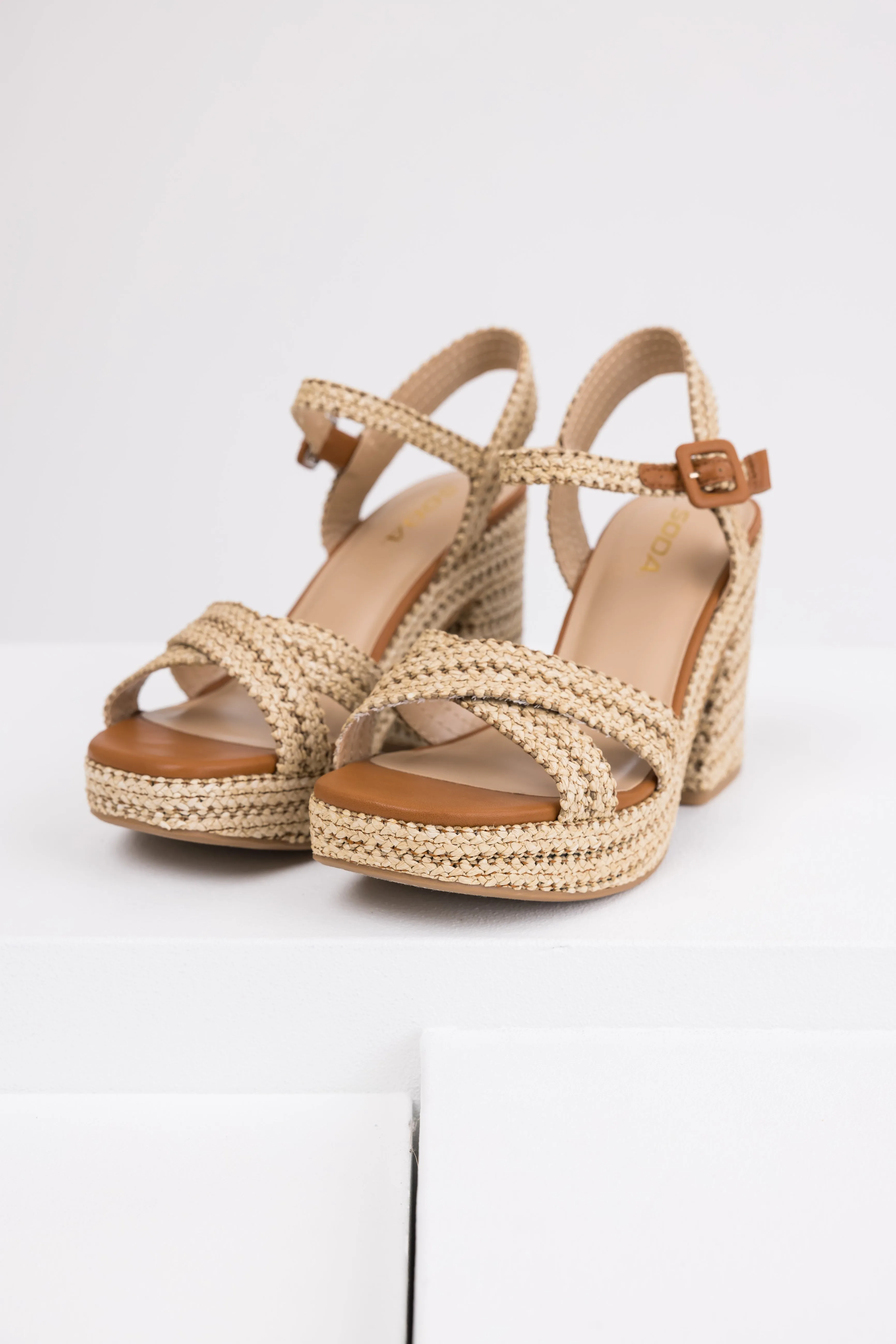 Almond Raffia Woven Open Toed Platform Heels