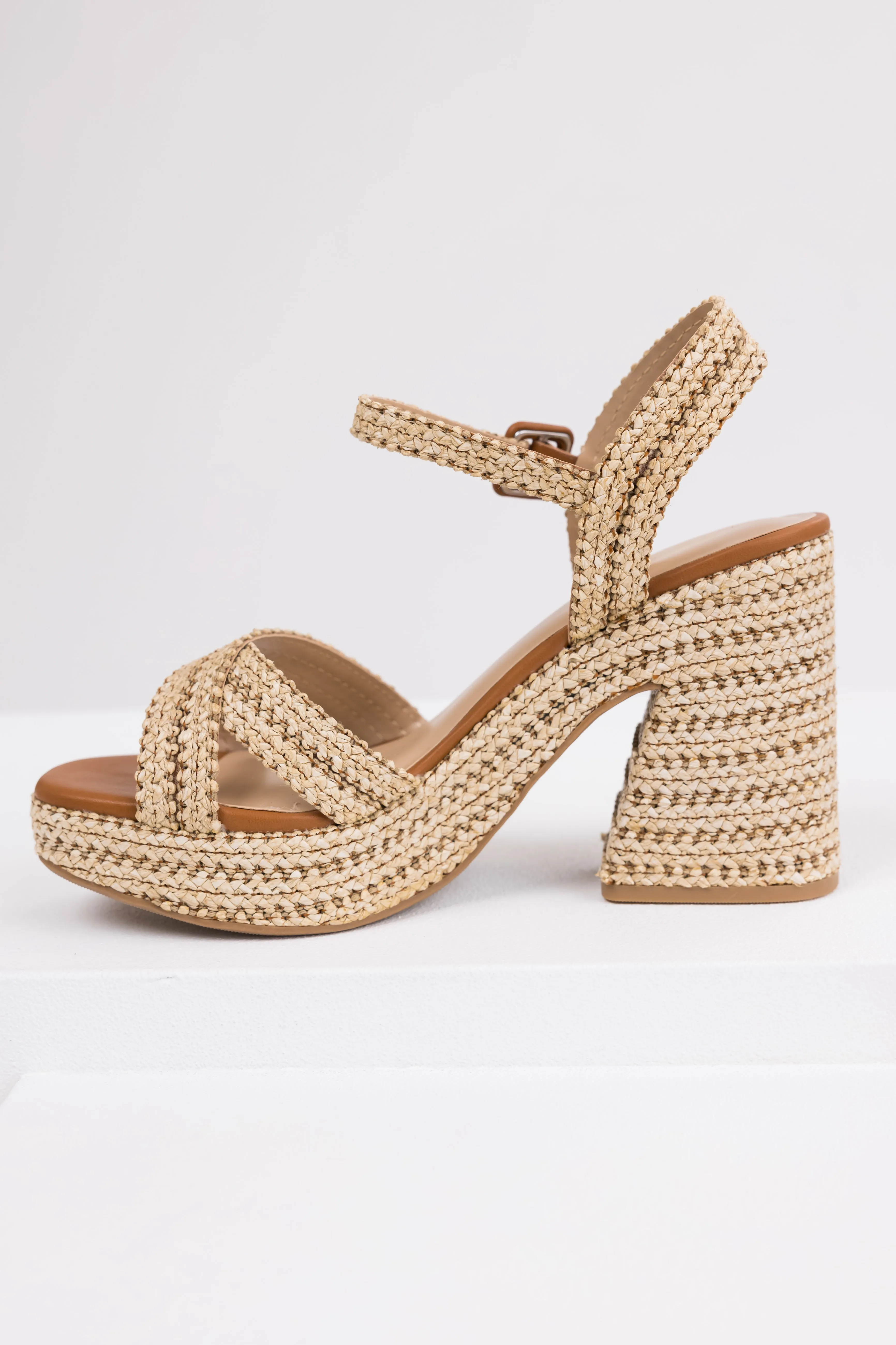 Almond Raffia Woven Open Toed Platform Heels