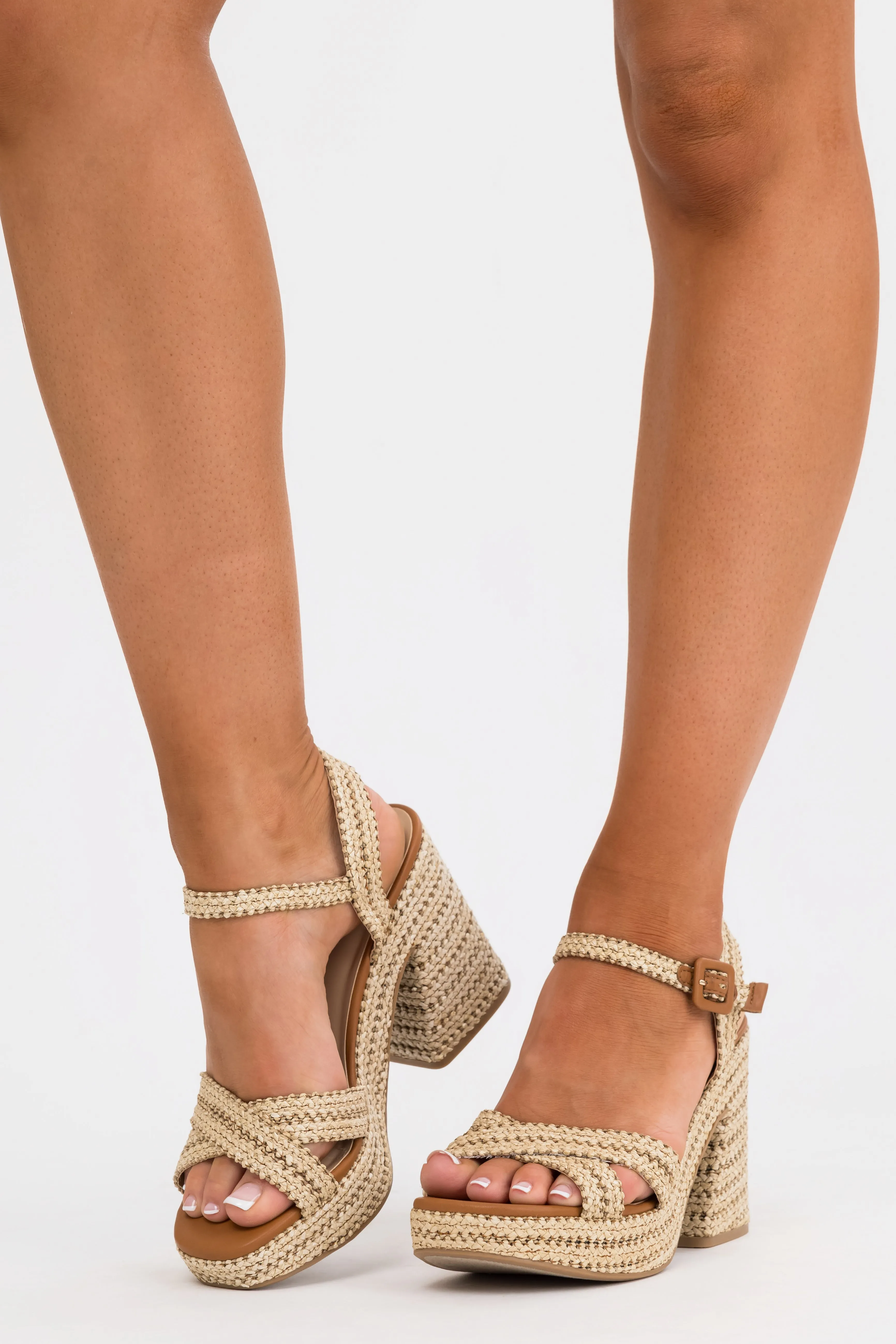 Almond Raffia Woven Open Toed Platform Heels