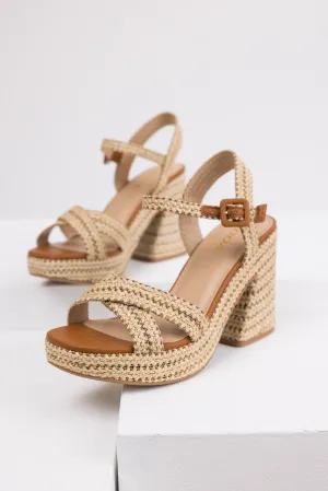 Almond Raffia Woven Open Toed Platform Heels