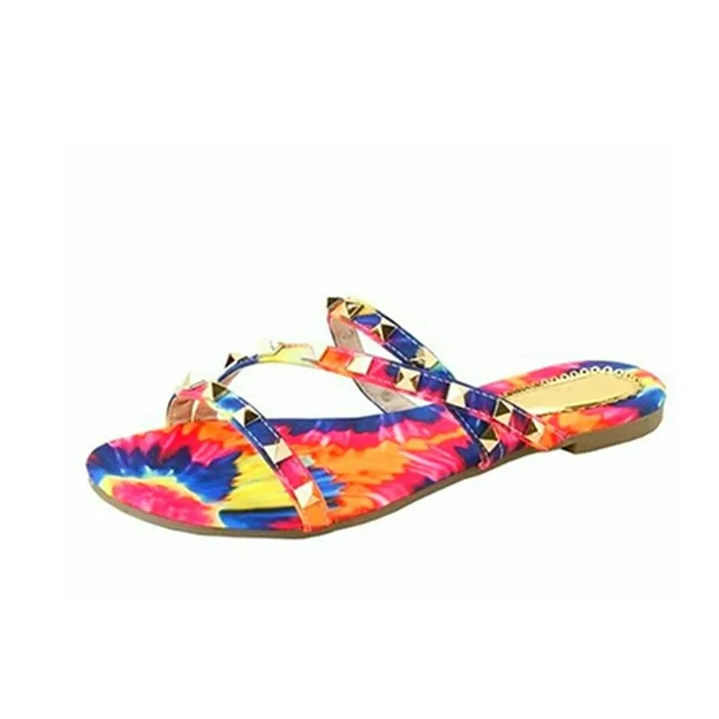 Amozae-  Women Mixed Color Rivet Slippers Woman Graffiti Tie Dye Slides Summer Ladies Casual Beach Flats Female Big Size Footwear