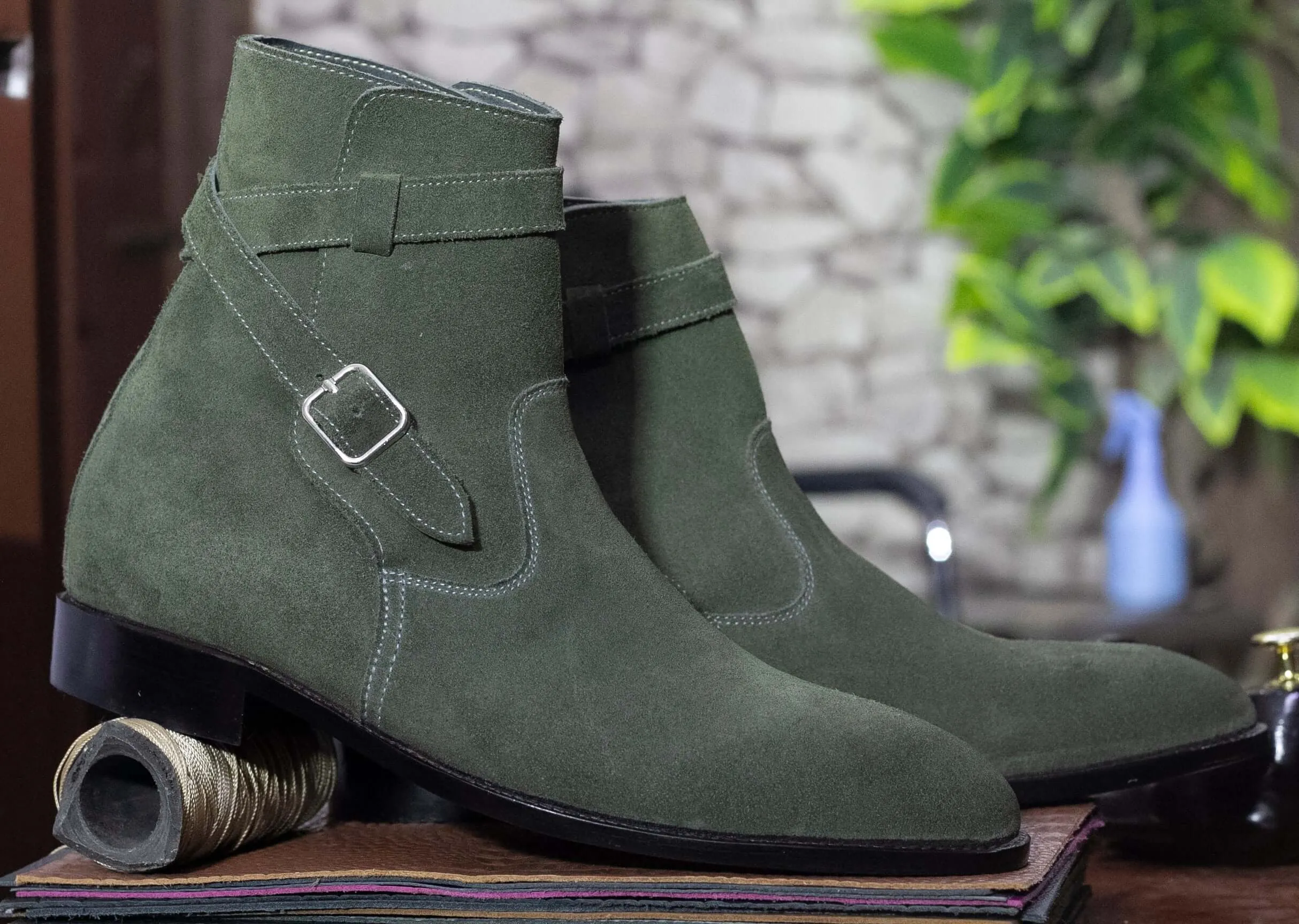 Ankle High Handmade Green Suede Jodhpurs Style Boot For Men's