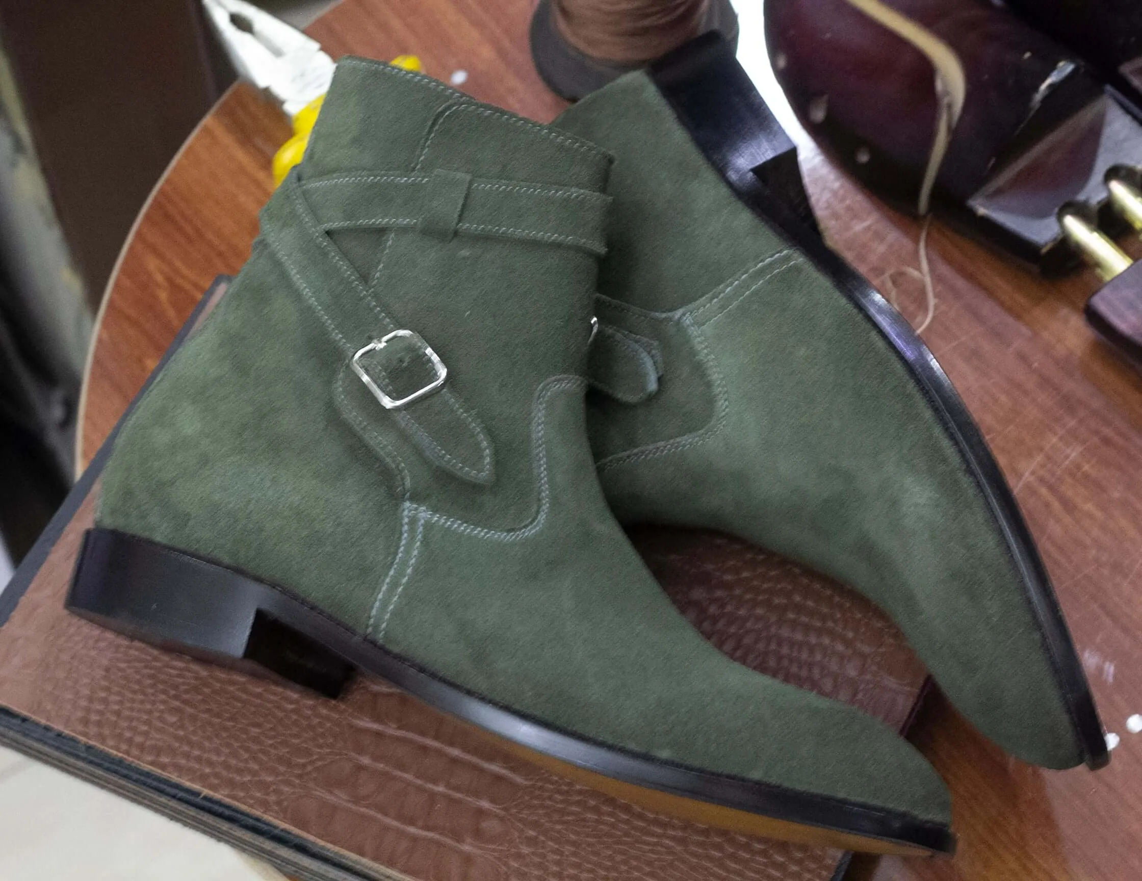 Ankle High Handmade Green Suede Jodhpurs Style Boot For Men's