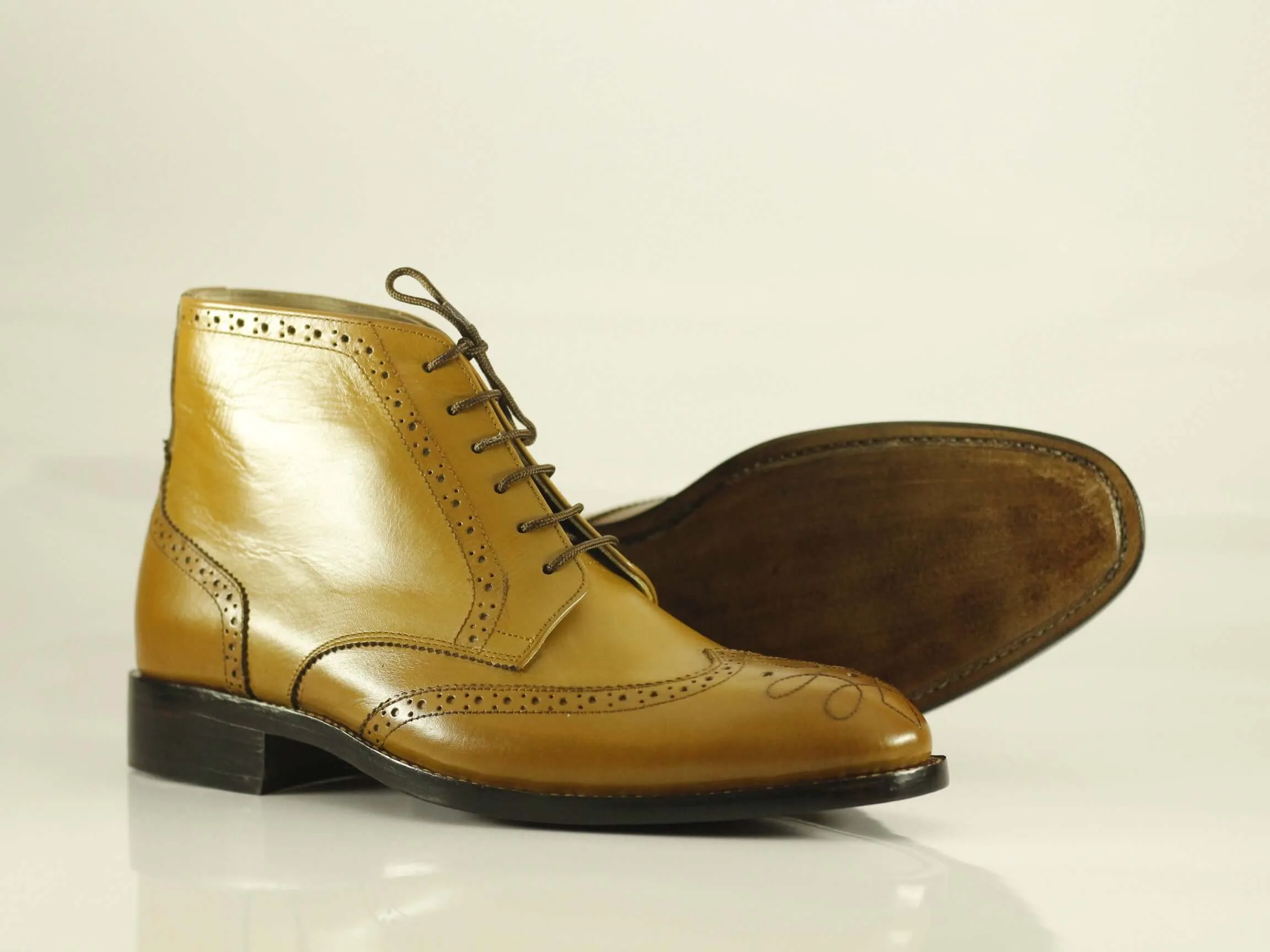 Ankle Lace Up Boot Mustard Colour Wing Tip Style For Men's