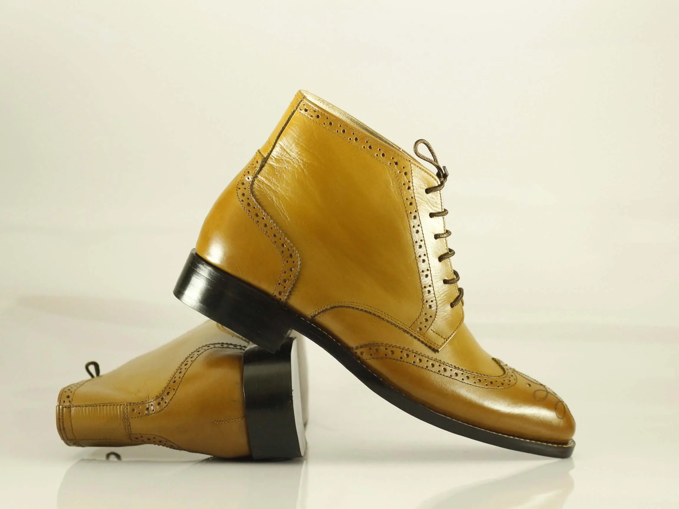 Ankle Lace Up Boot Mustard Colour Wing Tip Style For Men's