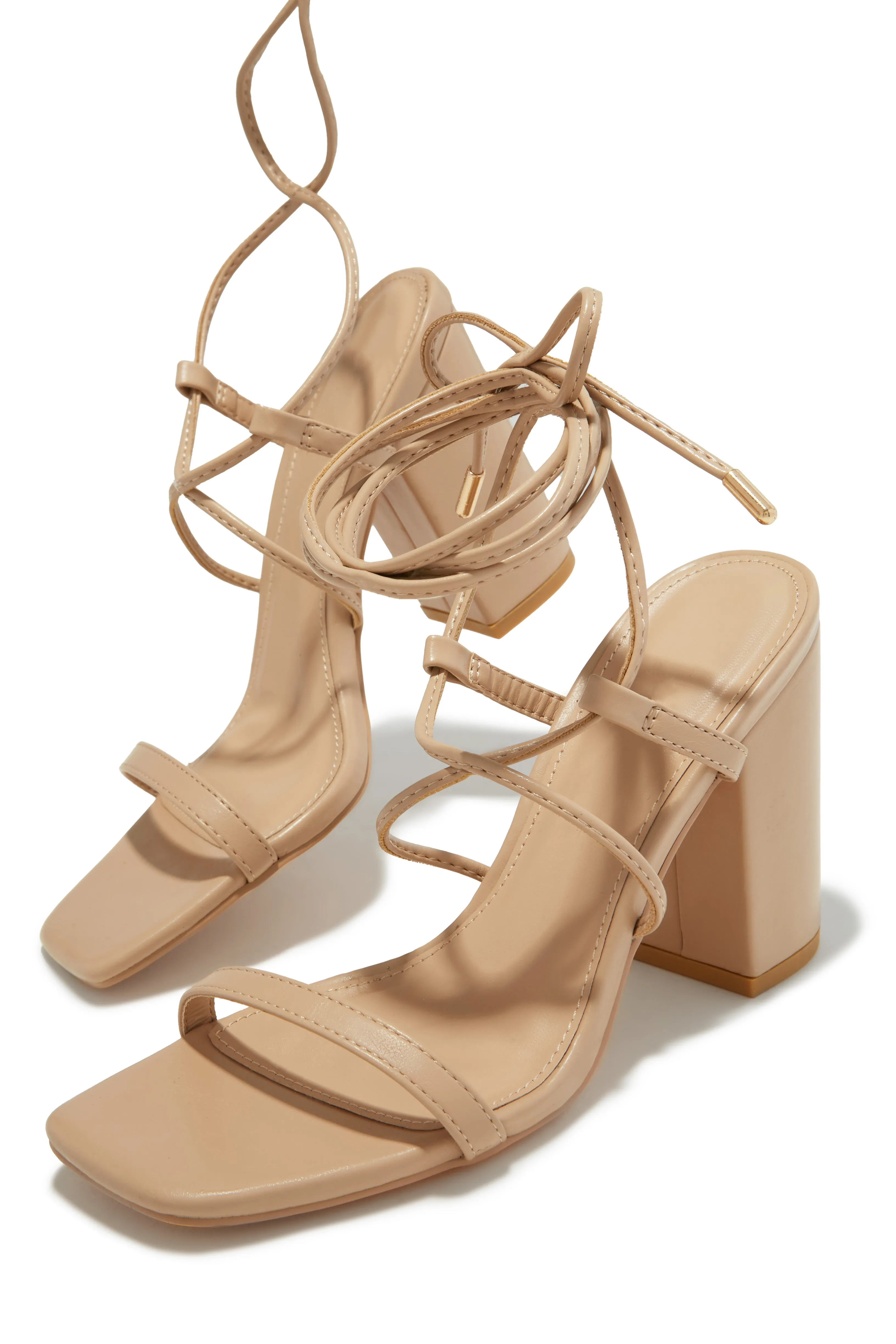 Aria Lace Up Block Heels - Nude