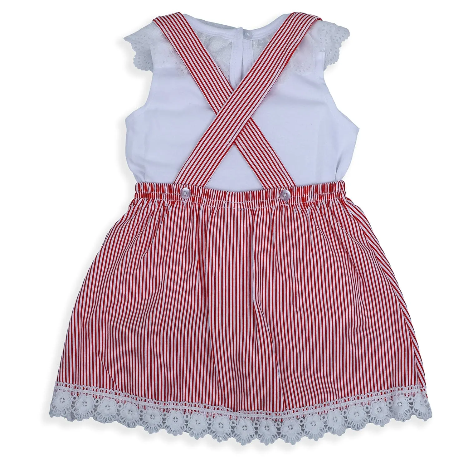 Baby Moo Striped Suspenders Skirt With Lace And Solid Top 2pcs Set - Red