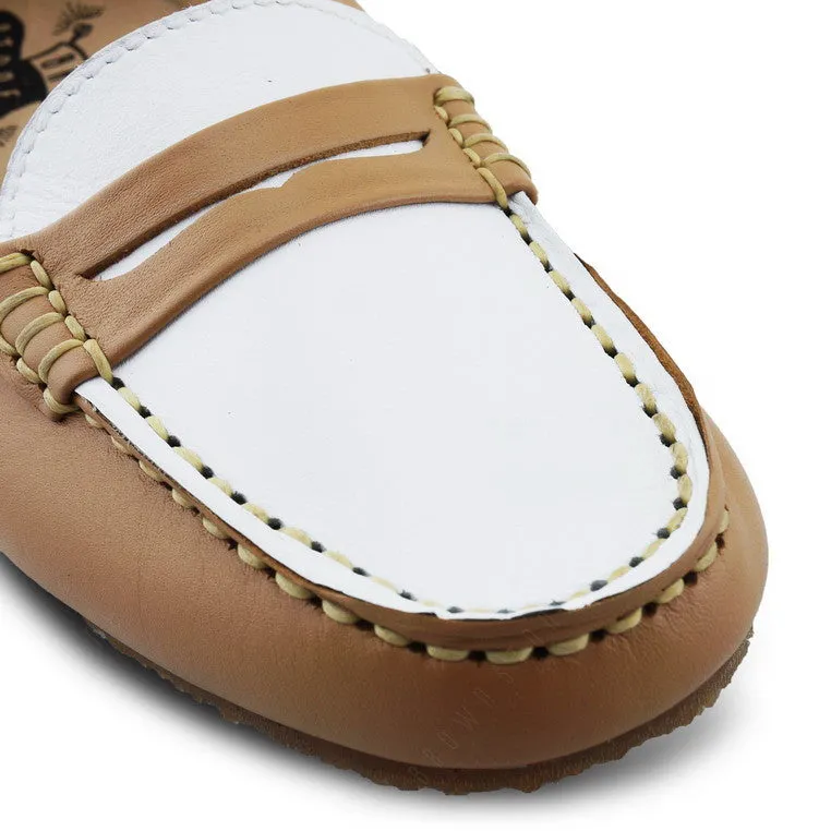 Bicolor Leather Penny Moccasin Cream and White