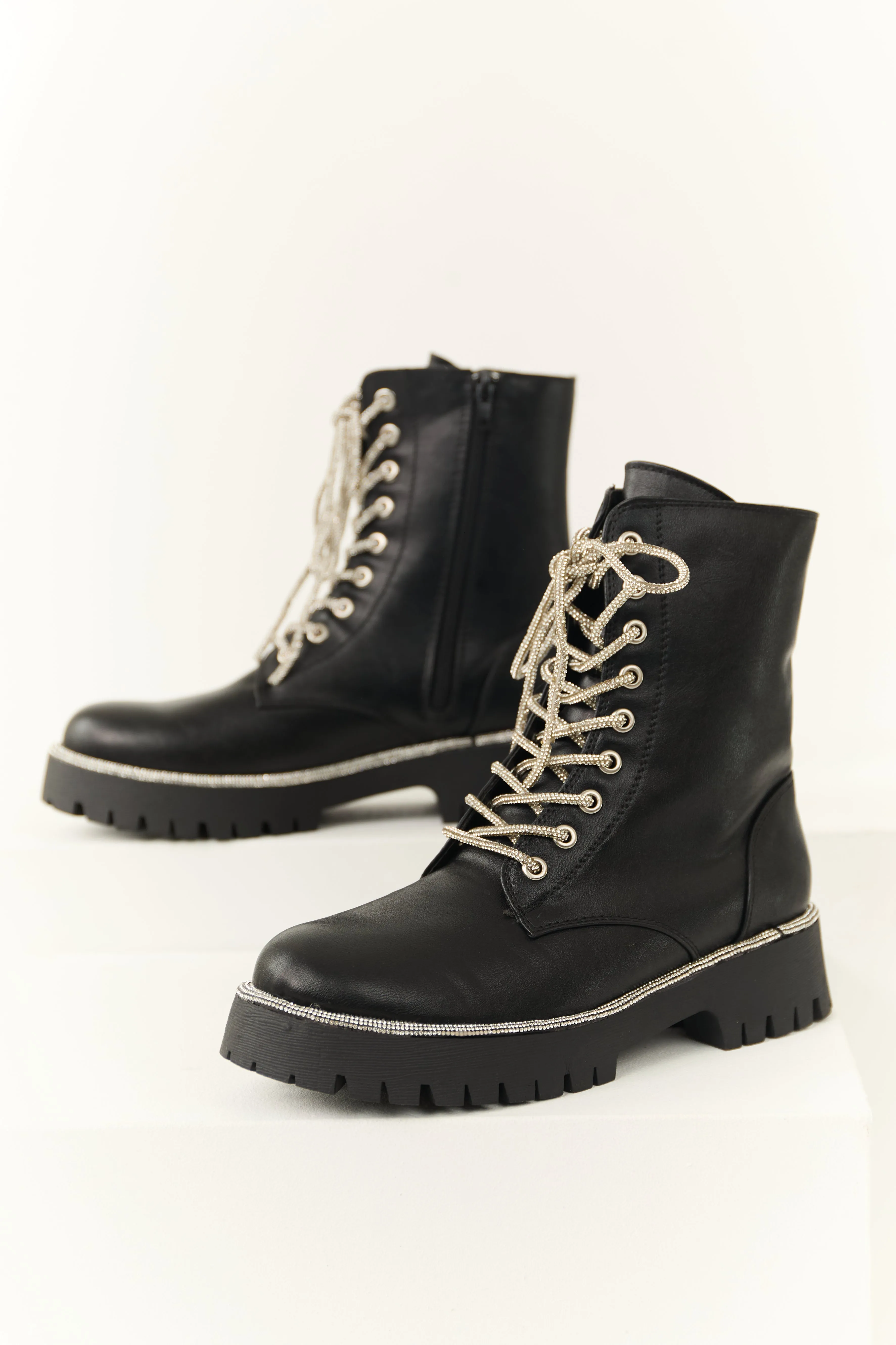 Black Rhinestone Detail Platform Combat Boots