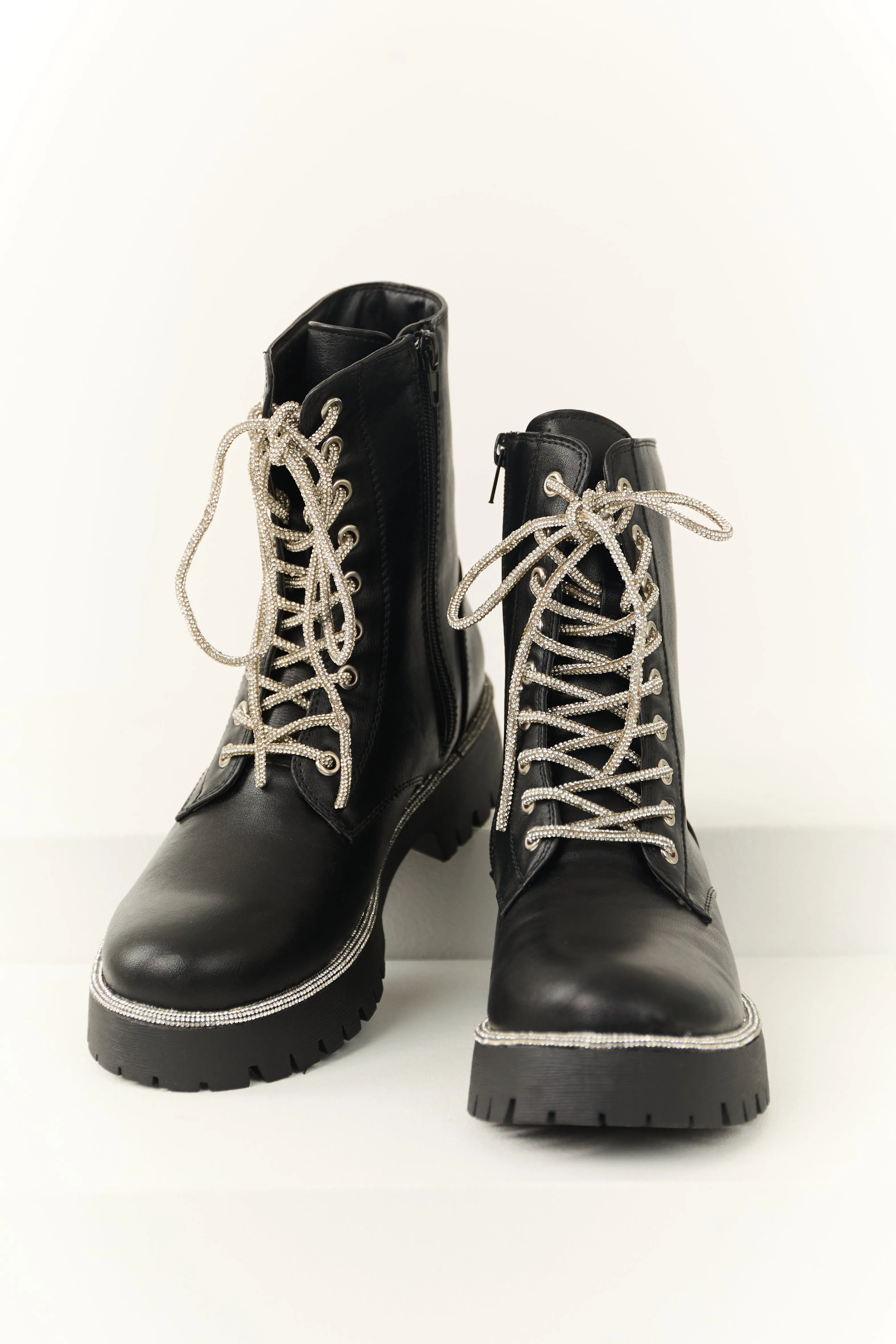 Black Rhinestone Detail Platform Combat Boots