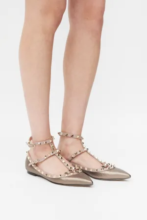 Brown & Pink Metallic Leather Rockstud Caged Ballet Flat