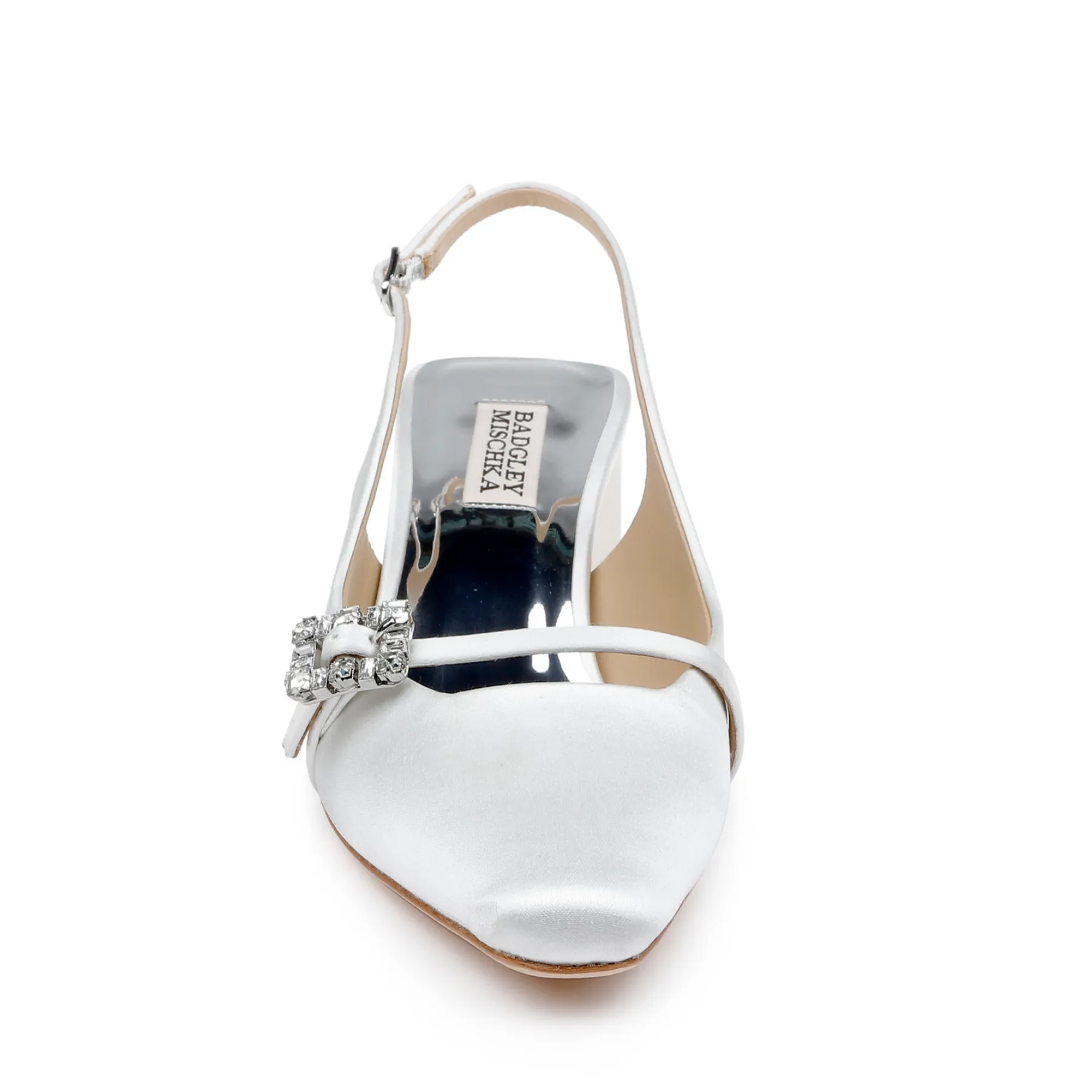 Buena - Slingback Low Block Heels with Crystal Buckle - White