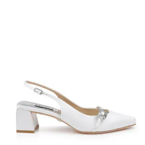 Buena - Slingback Low Block Heels with Crystal Buckle - White