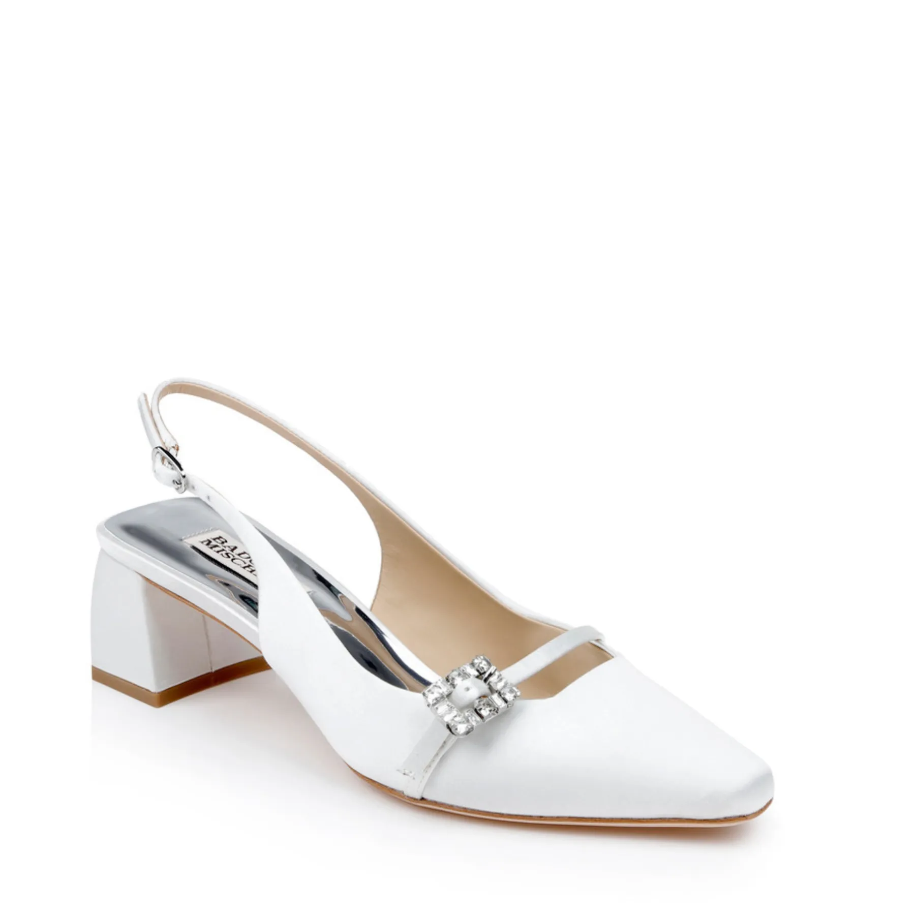 Buena - Slingback Low Block Heels with Crystal Buckle - White