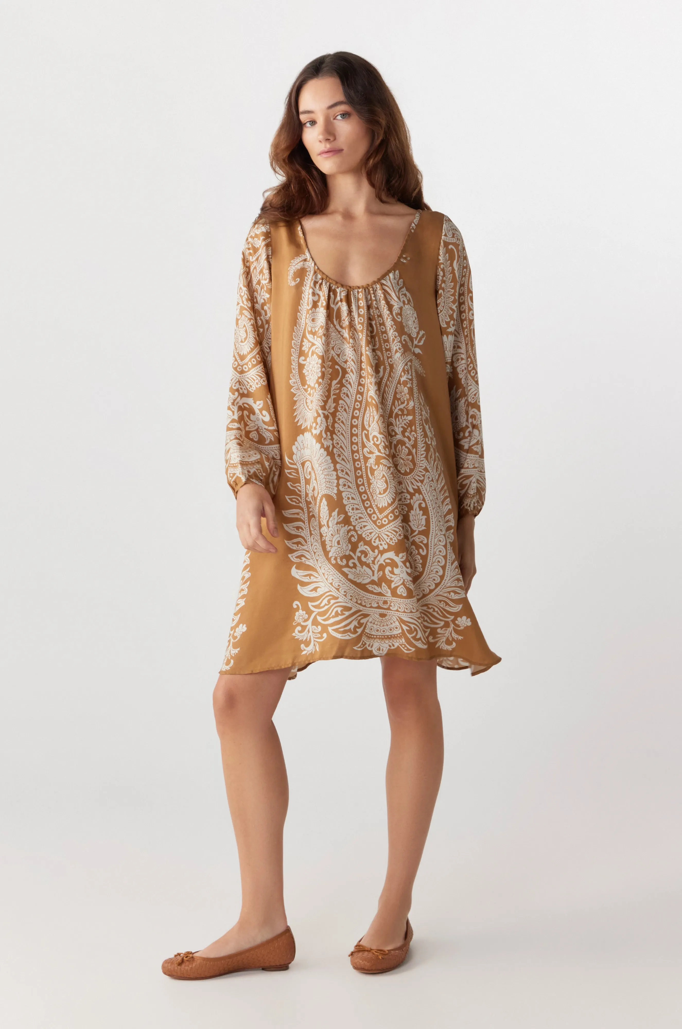 BY Anu Scoop neck Paisley Silk dress Tan