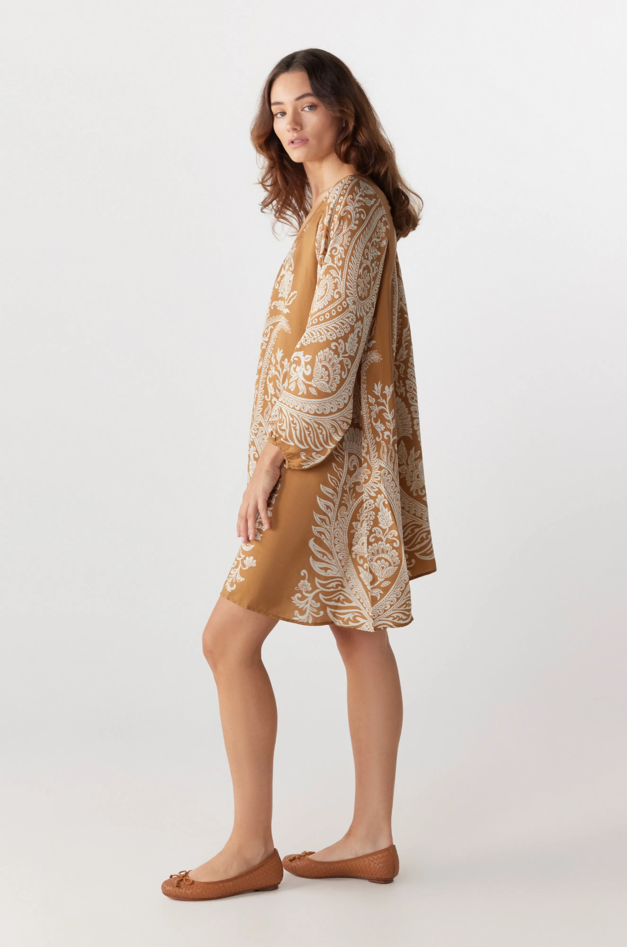 BY Anu Scoop neck Paisley Silk dress Tan