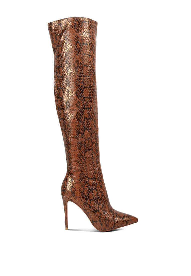 catalina snake print stiletto knee boots