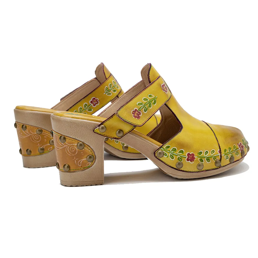 CrazycatZWomens Leather Clogs Sandals, Colorful Bohemian Mules Platform Block Heels Leather Clogs Shoes Green