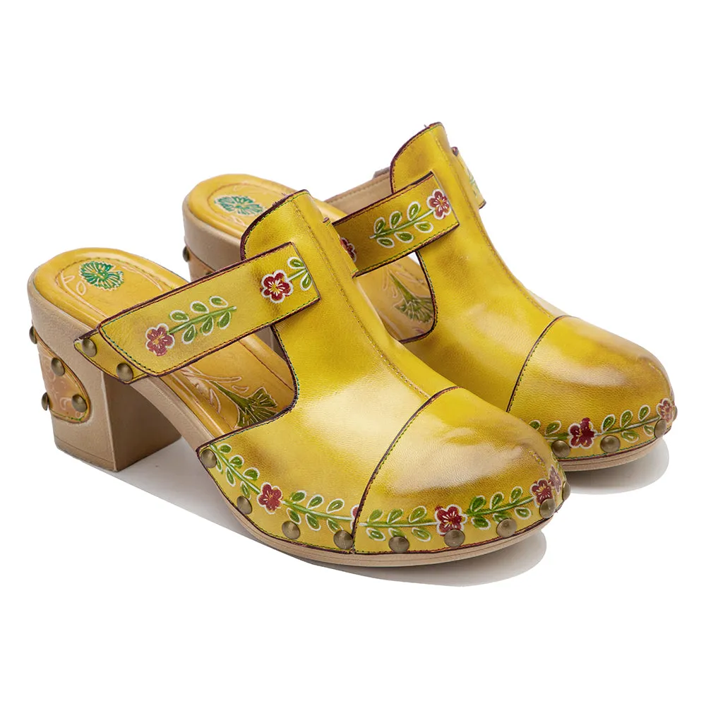 CrazycatZWomens Leather Clogs Sandals, Colorful Bohemian Mules Platform Block Heels Leather Clogs Shoes Green