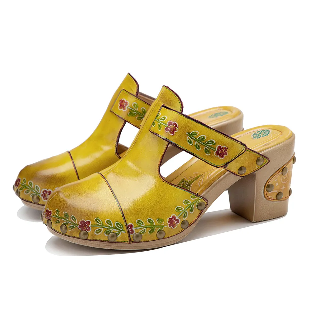 CrazycatZWomens Leather Clogs Sandals, Colorful Bohemian Mules Platform Block Heels Leather Clogs Shoes Green