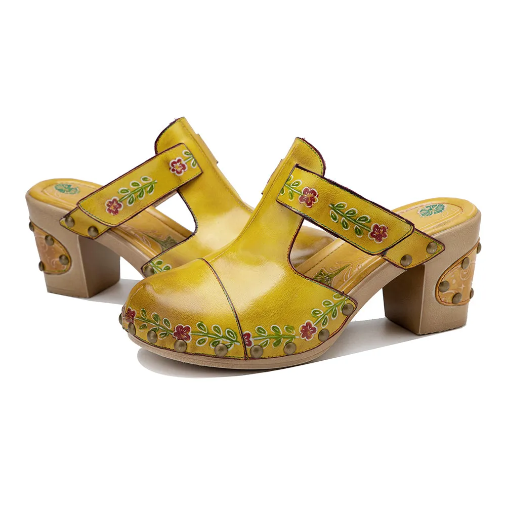 CrazycatZWomens Leather Clogs Sandals, Colorful Bohemian Mules Platform Block Heels Leather Clogs Shoes Green