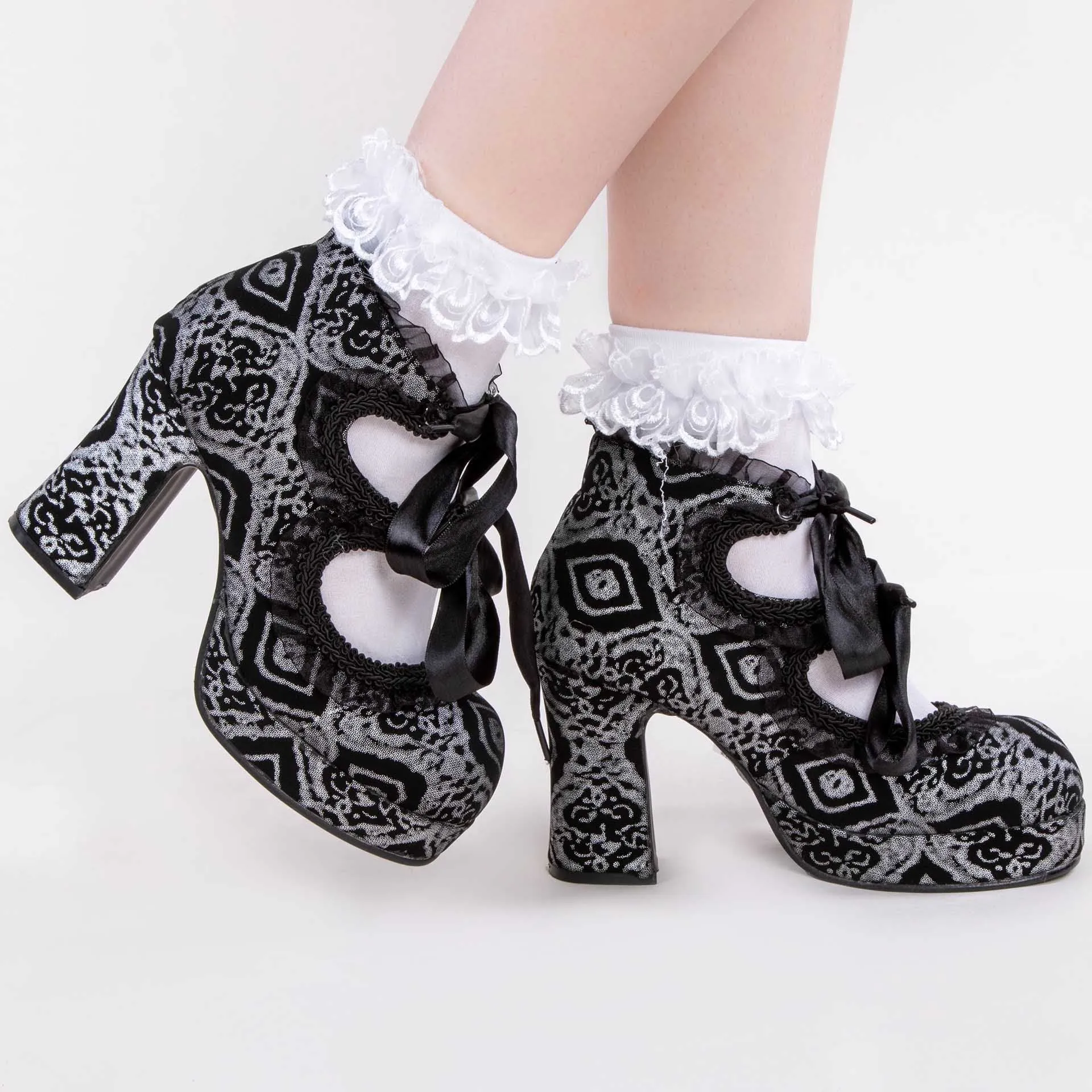 GOTHIKA-53 Black & Silver Nubuck Mary Jane Heels (Au Stock)