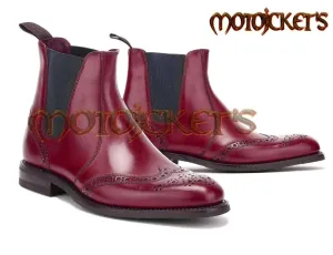 Handmade Burgundy Chelsea Leather Wing Tip Boot