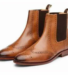 Handmade Leather  Wing Tip Brogue Tan Chelsea Boots