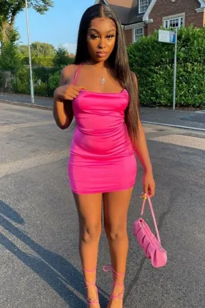 Hot Pink Satin Cowl Neck Mini Dress