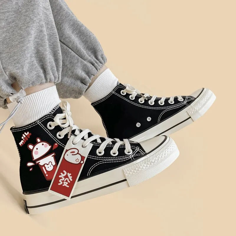 Kawaii Bunny Milk Tea Hi Top Canvas Sneaker Shoe