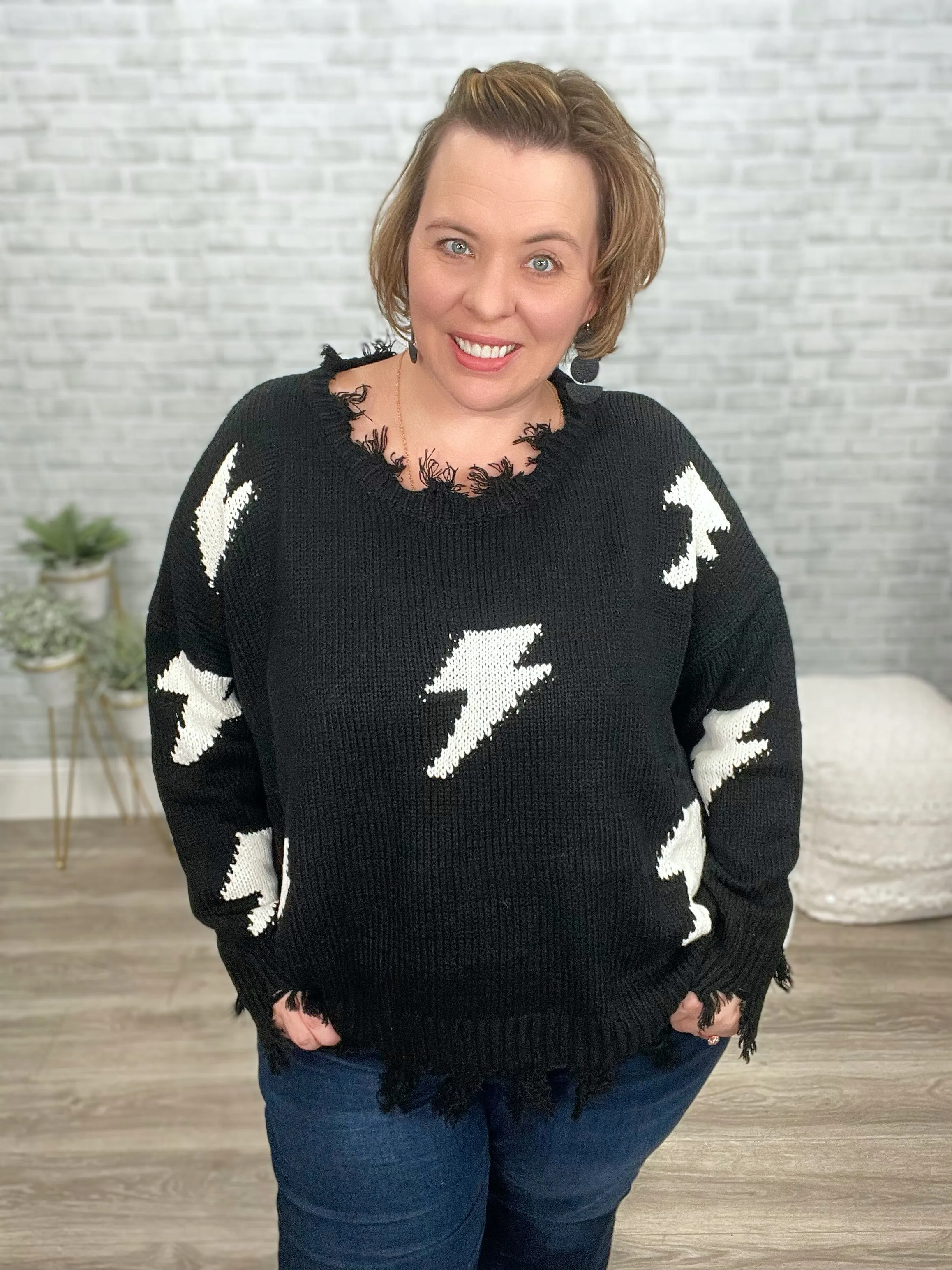 Light Up the Room Distressed Lightning Sweater