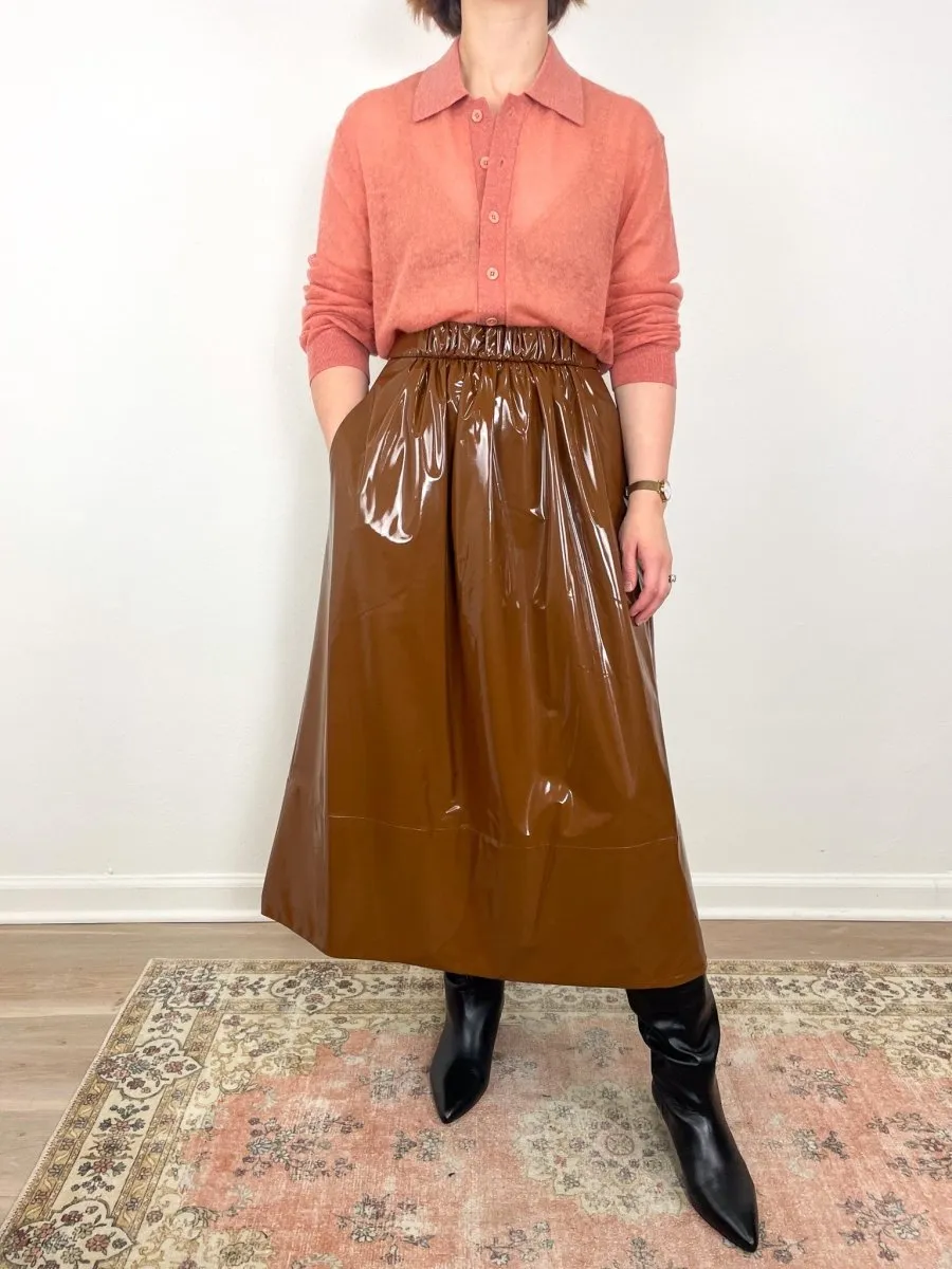 Light Weight Stretch Patent Smocking Waistband Skirt in Brick