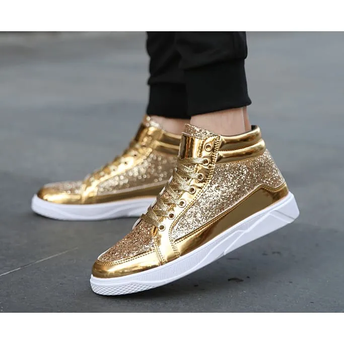 Men Rhinestone Lace-Up High Top Sneakers Shoes