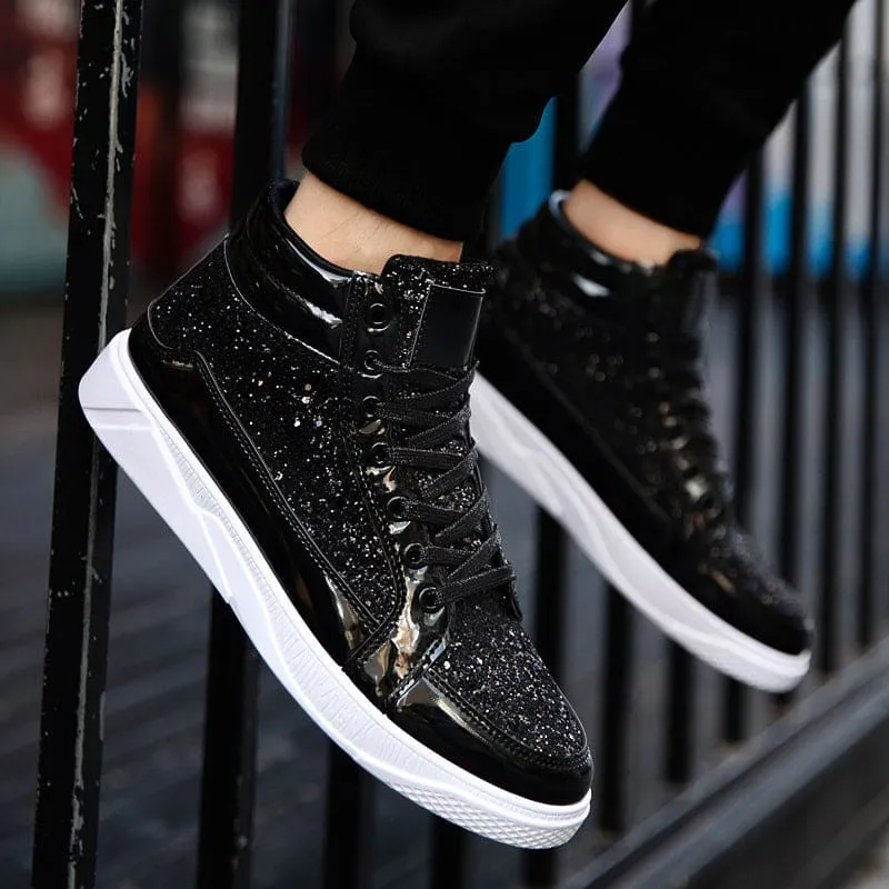 Men Rhinestone Lace-Up High Top Sneakers Shoes