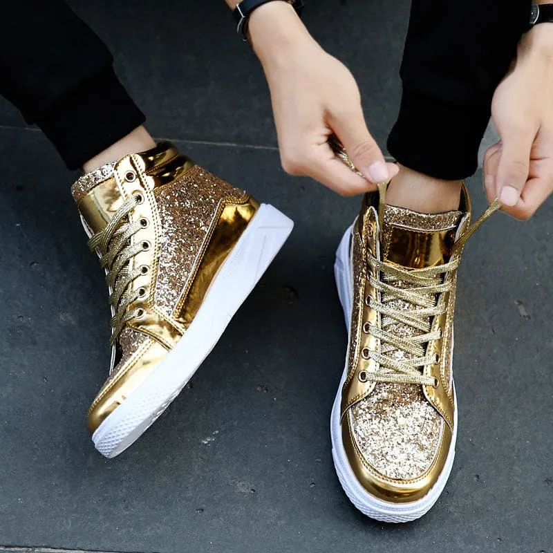 Men Rhinestone Lace-Up High Top Sneakers Shoes