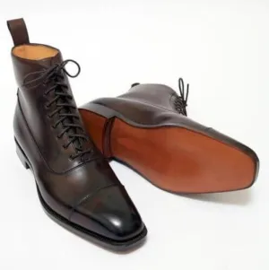 Men's Ankle High Brown Leather Cap Toe Lace Up Boots