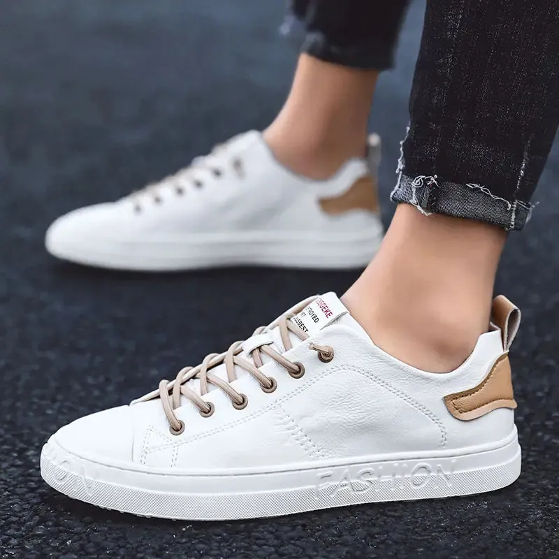 Men's Black White Leather Sneakers Low Top Shoes Trainers Waterproof Male Slip Sneaker - MS50288