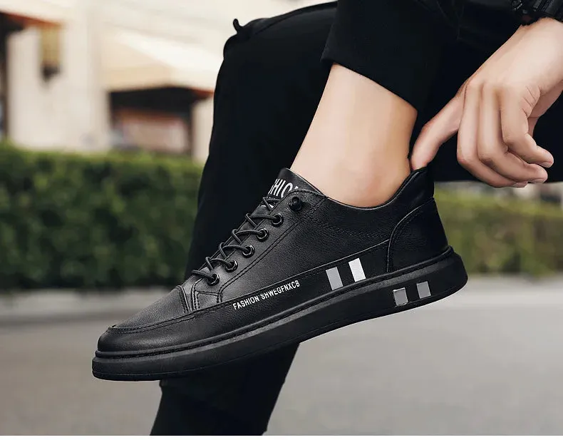 Men's Black White Leather Sneakers Low Top Shoes Trainers Waterproof Male Slip Sneaker - MS50288