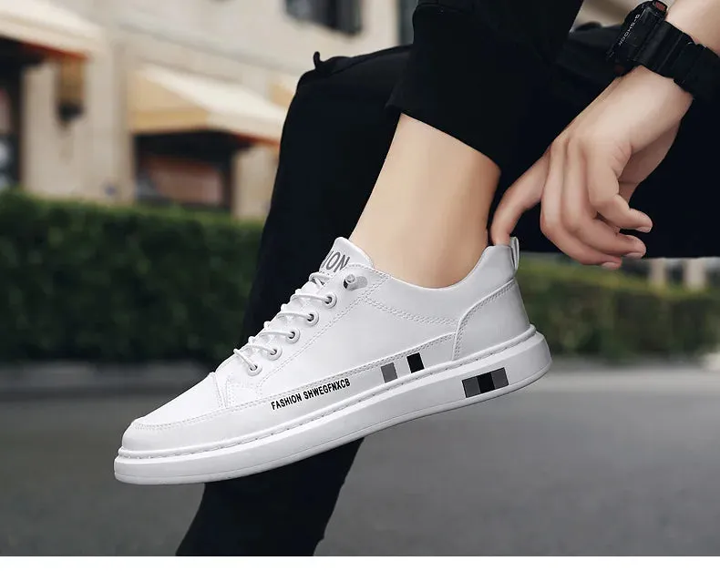 Men's Black White Leather Sneakers Low Top Shoes Trainers Waterproof Male Slip Sneaker - MS50288