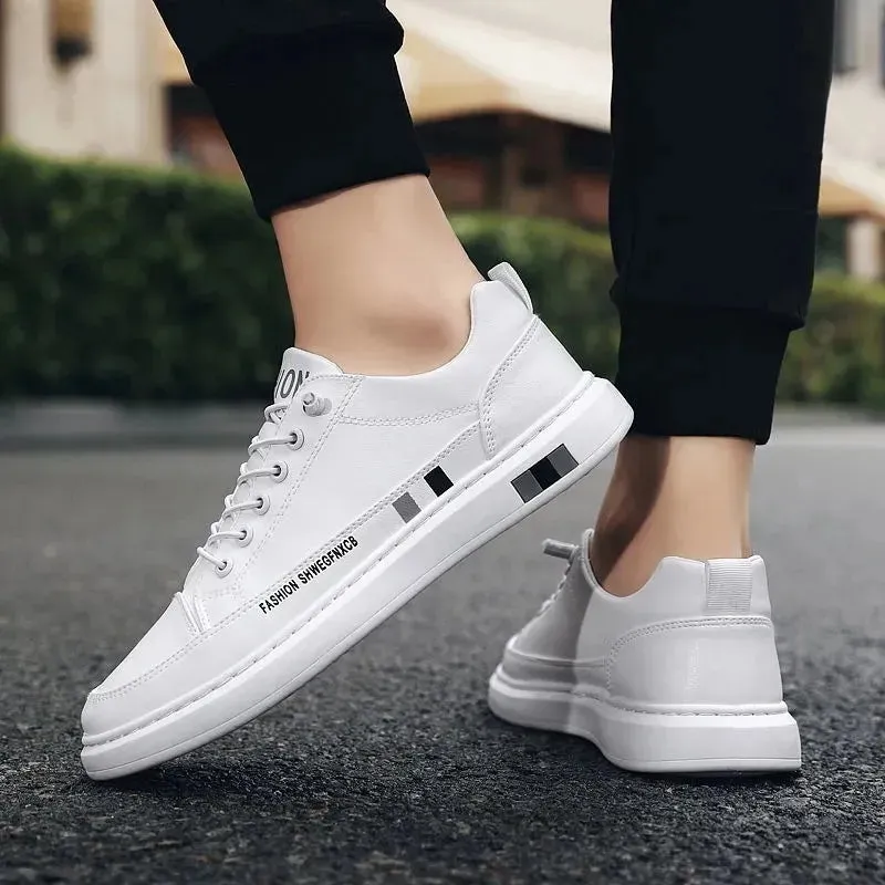 Men's Black White Leather Sneakers Low Top Shoes Trainers Waterproof Male Slip Sneaker - MS50288