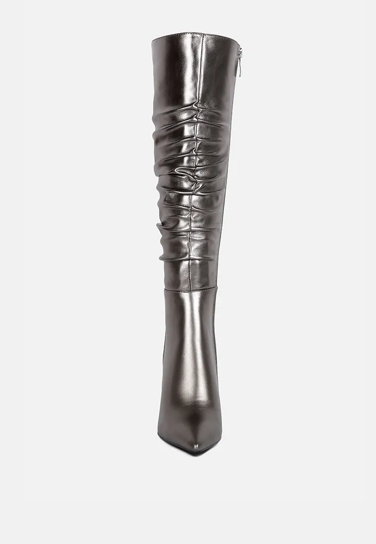 NEW-EXPRESSION Pewter Metallic Ruched Stiletto Knee Boots