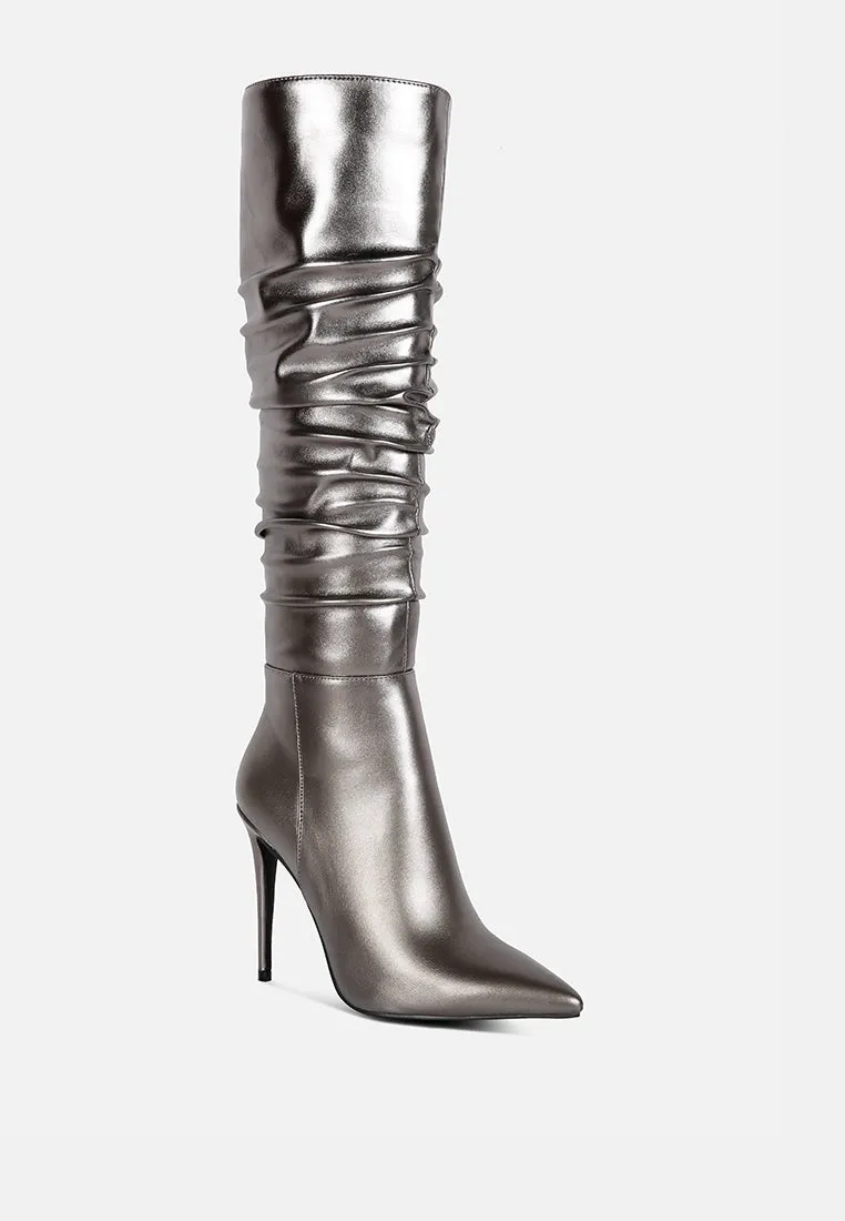 NEW-EXPRESSION Pewter Metallic Ruched Stiletto Knee Boots