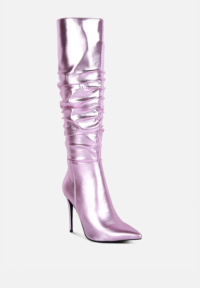 NEW-EXPRESSION Pink Metallic Ruched Stiletto Knee Boots