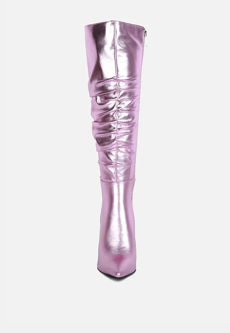 NEW-EXPRESSION Pink Metallic Ruched Stiletto Knee Boots