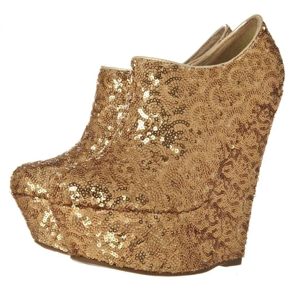 Nina  Platform Wedge High Heeled Sequin All-Over Ankle Shoe Boot