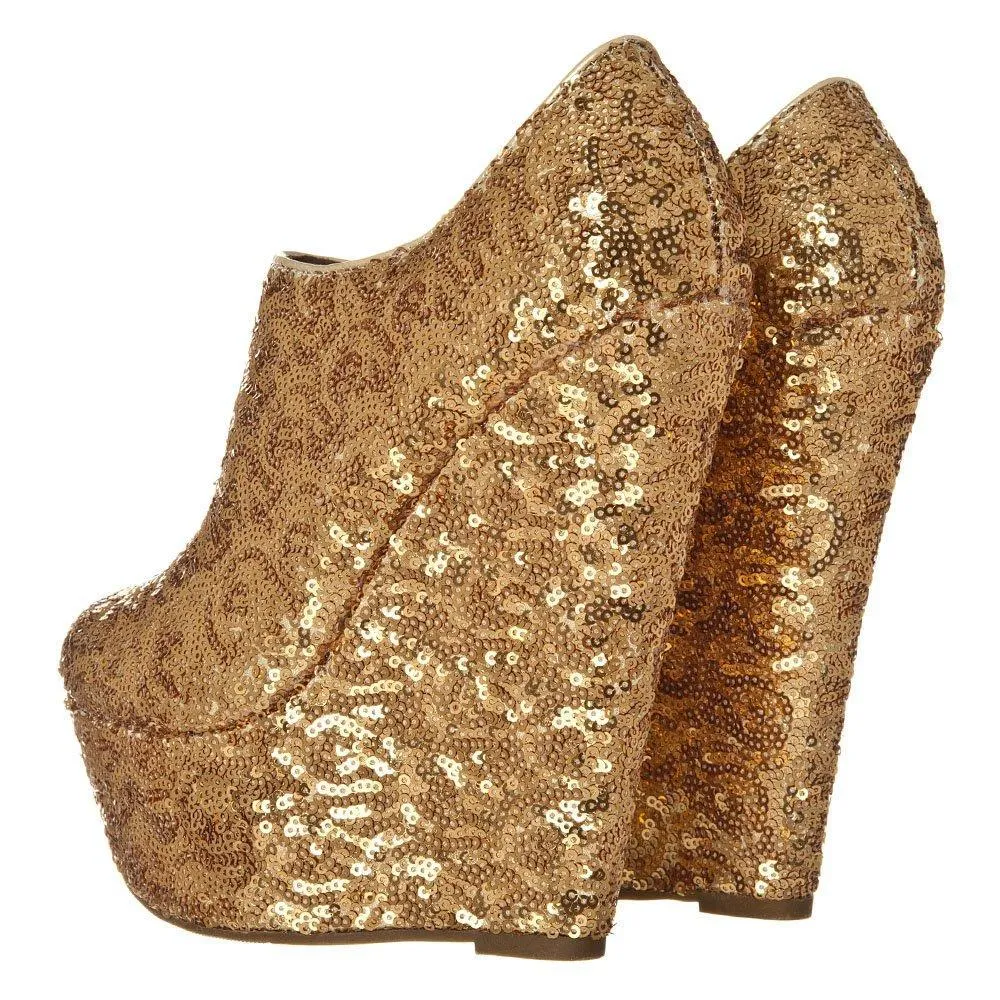 Nina  Platform Wedge High Heeled Sequin All-Over Ankle Shoe Boot