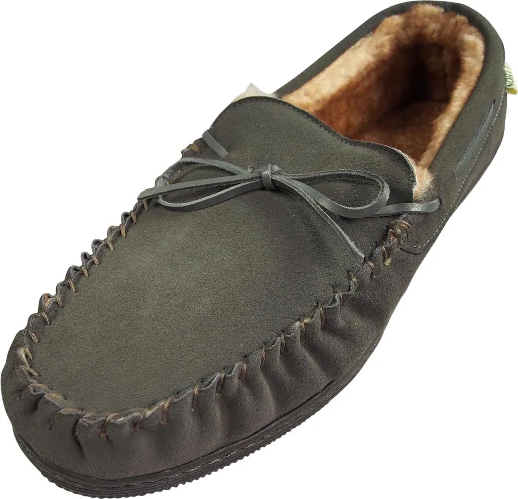 Norty Mens Genuine Leather Cowhide Suede Slippers - Moccasin Slip On Loafer, 39861