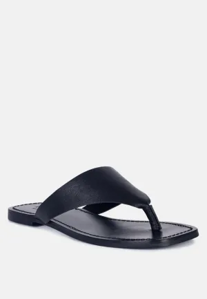 OROFERR Black Soft Leather Luxury Thong Flats