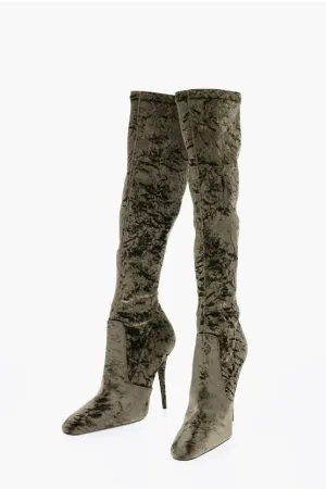 Saint Laurent Pointed Velour Knee-Lenght Boots Heel