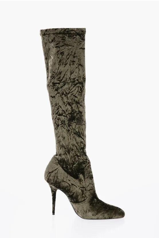 Saint Laurent Pointed Velour Knee-Lenght Boots Heel